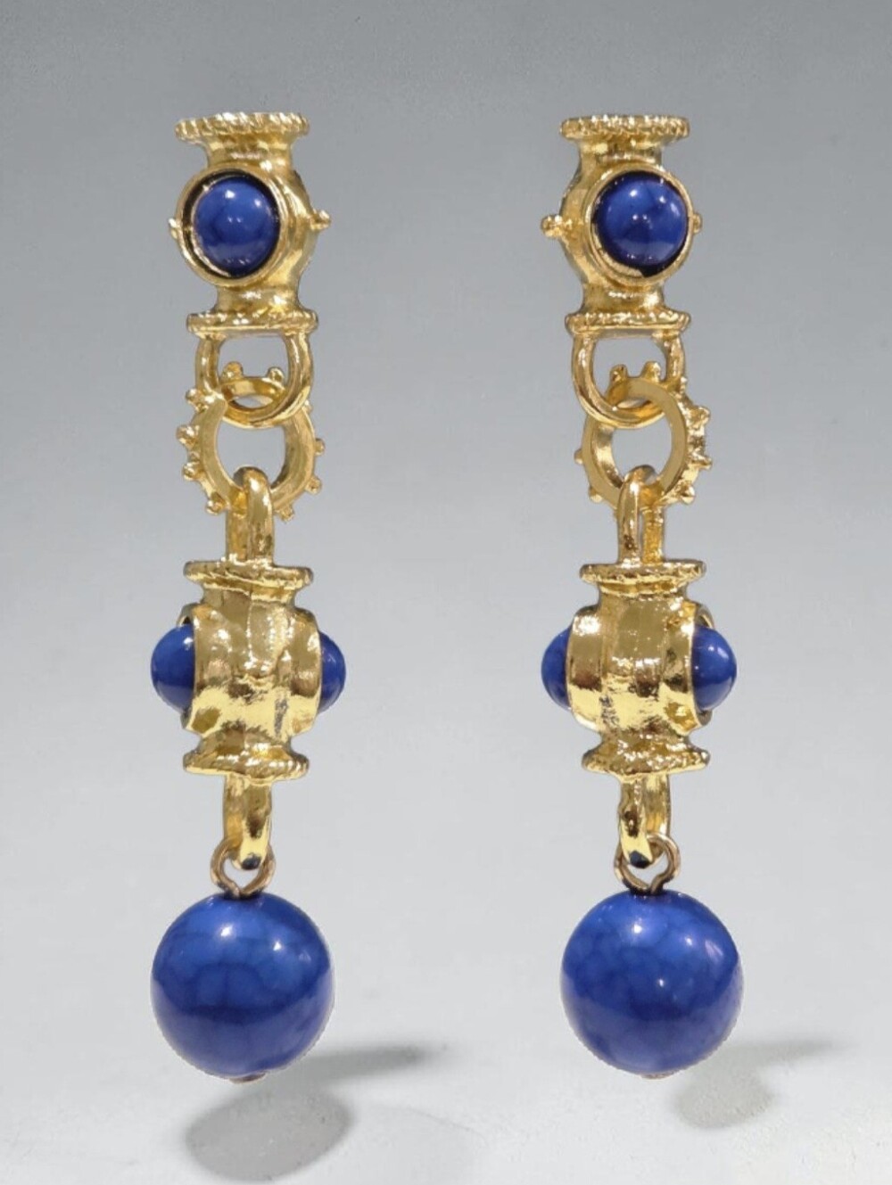 Matte Gold Byzantine Revival Lapis Lazuli Cabochon Dangle Earrings